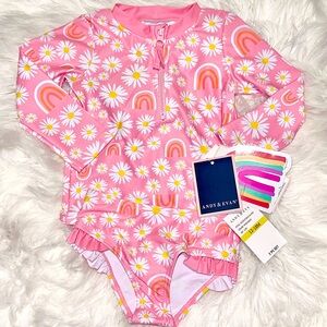 Andy & Evan 12/18 Pastel Floral 2-Piece rash guard front zipper Swimsuit NWT🌸